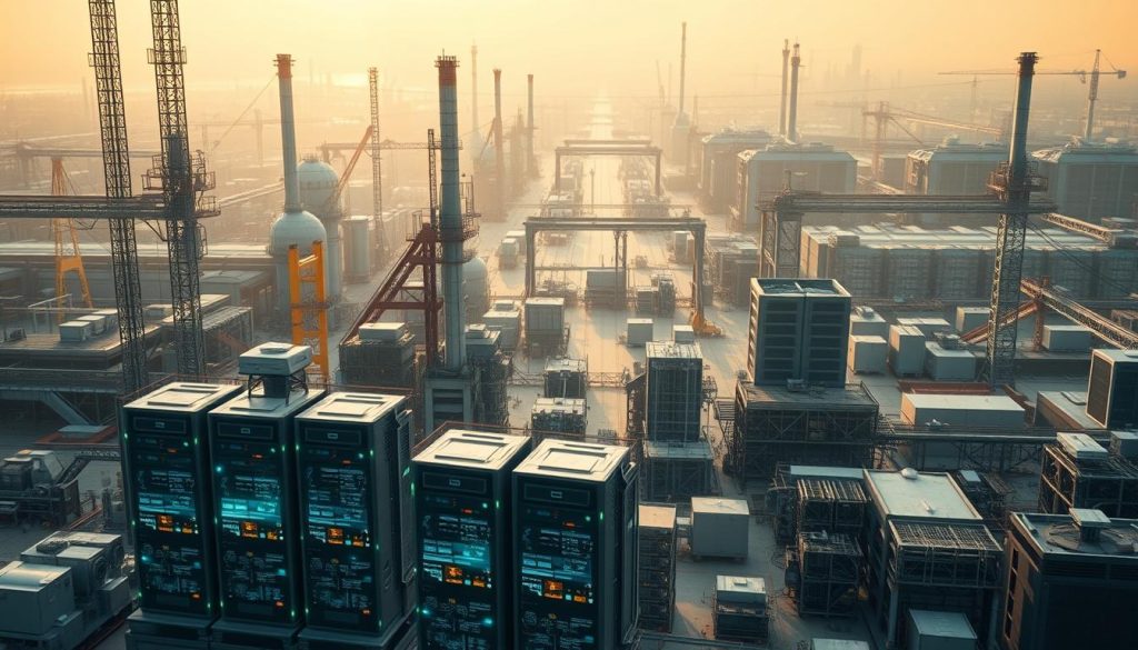 A sprawling industrial landscape, with towering factories and automated machinery. In the foreground, a group of virtual machines, their holographic displays casting a soft glow, as engineers monitor their performance and efficiency. The middle ground features a mix of traditional and cutting-edge equipment, seamlessly integrated through the use of virtualization technology. In the background, a network of servers and data centers, the backbone of the digital infrastructure that powers this modern industrial revolution. Warm lighting filters through the windows, casting a sense of productivity and innovation. The scene conveys the crucial role of virtual machines in optimizing workflows, enhancing scalability, and driving technological advancements in the industrial sector.