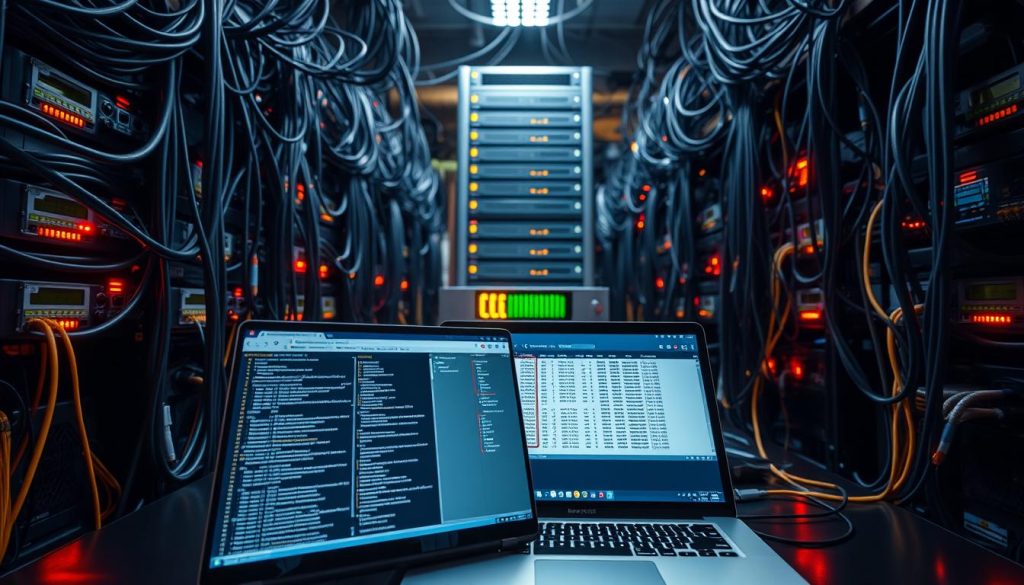 A sprawling network of firewalls, cables, and network devices, bathed in a warm, ambient glow. In the foreground, a laptop display showcases intricate firewall logs, meticulously analyzed by a seasoned security expert. The middle ground features a sleek, modern firewall appliance, its status indicators blinking steadily, conveying a sense of vigilance and control. In the background, a towering server rack stands as a testament to the robust infrastructure that powers this successful firewall monitoring setup. The scene exudes a sense of professionalism, efficiency, and the mastery of complex security challenges.