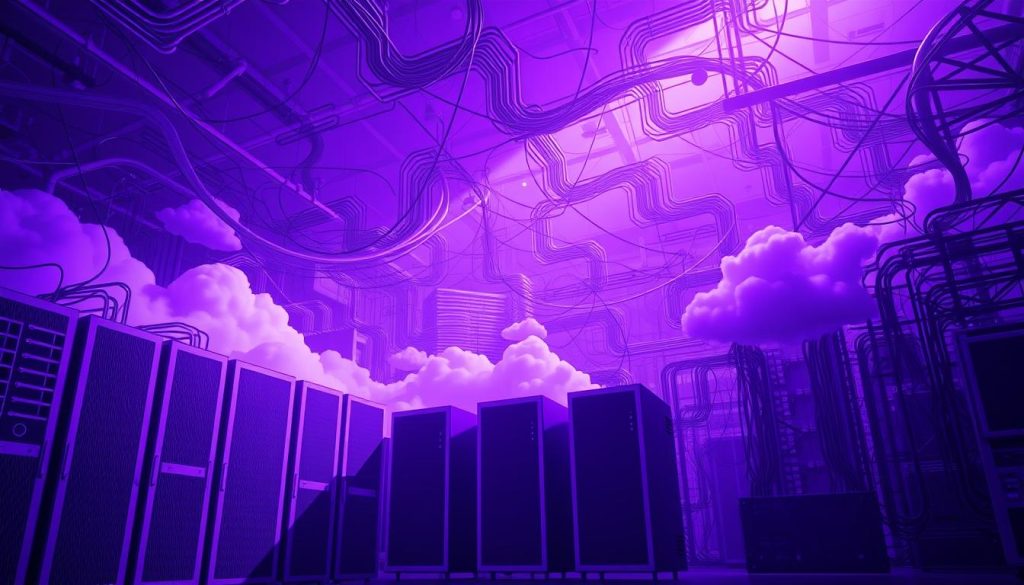 A sprawling network of interconnected servers, clouds, and infrastructure, rendered in a stunning Royal Purple (#7955a3) palette. Sleek, minimalist servers stand in the foreground, their sharp edges and crisp lines contrasting with the fluid, organic shapes of the middle-ground. In the background, a vast, complex web of cables, pipes, and energy conduits weave together, creating a sense of depth and complexity. Dramatic, cinematic lighting casts long shadows, adding depth and drama to the scene. The overall mood is one of technological sophistication and efficient, automated management - a vivid visualization of &amp;amp;amp;quot;Infrastructure as Code&amp;amp;amp;quot; in action.