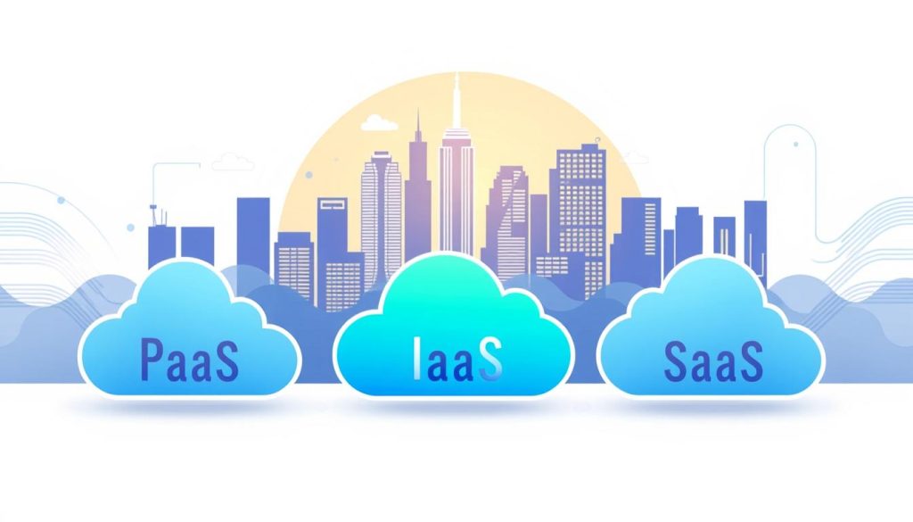 A striking digital illustration depicting the roles of PaaS, IaaS, and SaaS in information technology. The foreground showcases distinct cloud computing icons representing each service, with clean lines and vibrant colors. The middle ground features a cityscape backdrop, symbolizing the integration of these cloud services within a modern technological landscape. The background includes subtle patterns and gradients, creating a sense of depth and emphasizing the interconnectedness of these cloud computing models. The overall composition conveys a harmonious balance between the technical components and the broader context of their application, reflecting the subject of the article section "paas vs iaas vs saas explained".