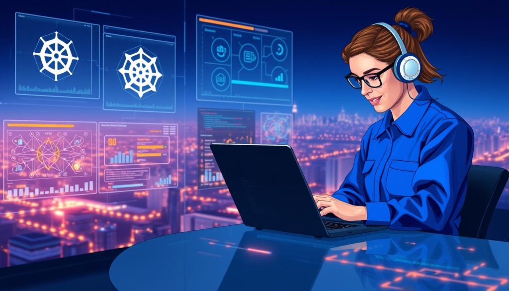 A striking digital illustration showcasing Megan's services to resolve Kubernetes issues. In the foreground, a focused engineer in a blue uniform is diligently working on a laptop, surrounded by holographic displays depicting Kubernetes cluster diagrams and error logs. The middle ground features vibrant data visualization elements, including intricate network topologies and resource utilization graphs, all bathed in a warm, futuristic glow. In the background, a vast, minimalist cityscape emerges, hinting at the scale and complexity of the Kubernetes infrastructure Megan's services aim to optimize. The scene conveys a sense of technological mastery, problem-solving, and a deep understanding of the Kubernetes ecosystem.