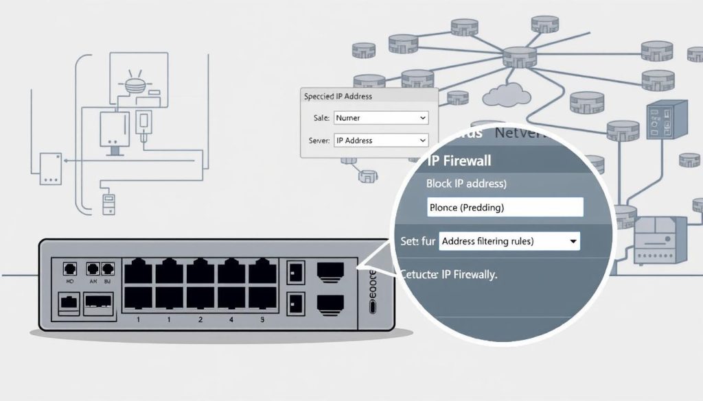 A stylized technical illustration depicting the process of blocking a specific IP address using a firewall. The foreground features a detailed schematic of a firewall device with various ports and connections. In the middle ground, a magnified view showcases the configuration interface, with options for setting up IP address filtering rules. The background depicts a complex network topology with routers, servers, and other connected devices. The overall scene conveys a sense of precision and control, with a muted color palette and subtle lighting to emphasize the technical nature of the task.