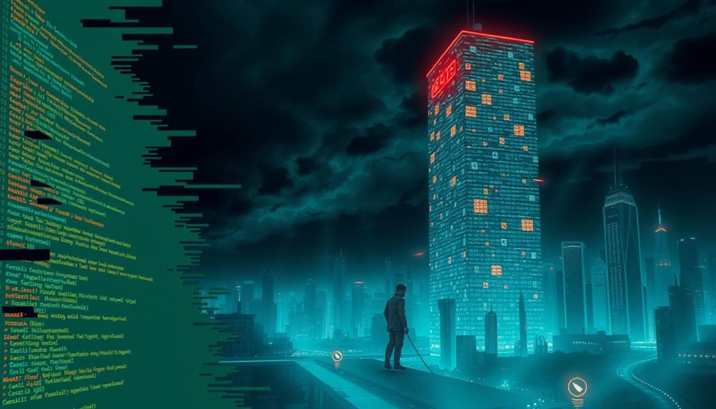 A surreal, futuristic scene depicting unauthorized conditions in a Telegram API. The foreground shows a glitched, distorted interface with error messages and cryptic code fragments. The middle ground features a towering data structure, representing the complex ecosystem of API interactions, casting an ominous shadow. In the background, a dystopian cityscape with skyscrapers and a dark, ominous sky, conveying the sense of a highly regulated digital landscape. The scene is lit by an eerie, neon-like glow, creating a tense, unsettling atmosphere. The composition emphasizes the clash between the technical and the human, the authorized and the unauthorized, the controlled and the uncontrolled.