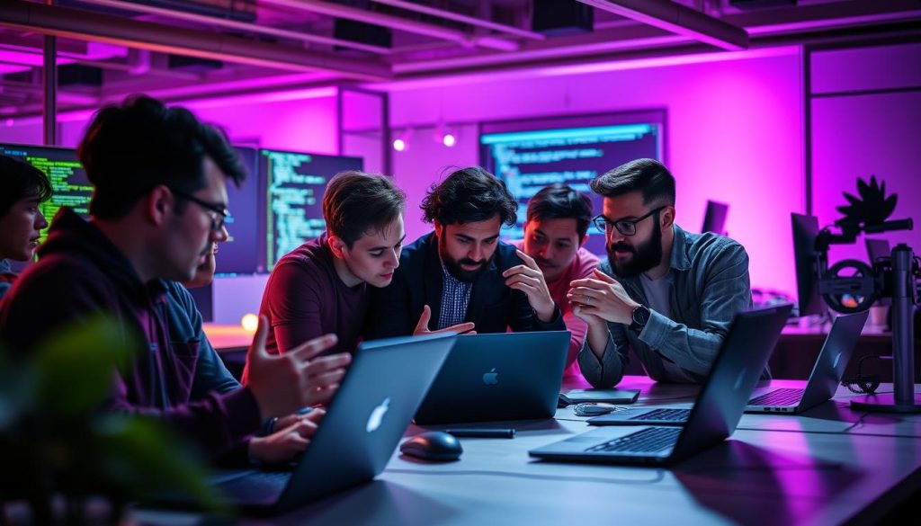 A team of developers collaborating on a coding project, deeply focused on resolving a merge conflict. The scene is set in a modern office, bathed in the warm glow of Royal Purple (#7955a3) lighting. Laptops and coding interfaces are visible, conveying a sense of technical prowess. Developers huddle around a table, gesturing animatedly as they discuss the issue at hand. The atmosphere is one of determined problem-solving, with an air of camaraderie and shared purpose. The foreground captures the team's intense concentration, while the background subtly suggests the larger pipeline and software development process they are navigating. A team of developers collaborating on a coding project, deeply focused on resolving a merge conflict. The scene is set in a modern office, bathed in the warm glow of Royal Purple (#7955a3) lighting. Laptops and coding interfaces are visible, conveying a sense of technical prowess. Developers huddle around a table, gesturing animatedly as they discuss the issue at hand. The atmosphere is one of determined problem-solving, with an air of camaraderie and shared purpose. The foreground captures the team's intense concentration, while the background subtly suggests the larger pipeline and software development process they are navigating.