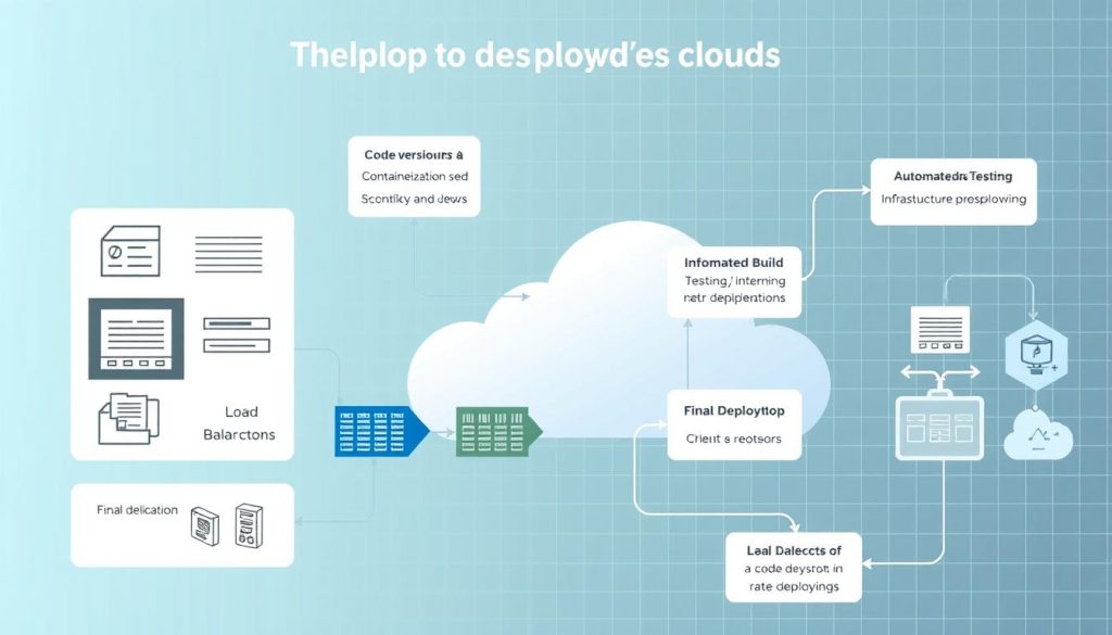 A technical illustration depicting the key steps in the deployment process for a Node.js application on a cloud platform. The foreground features a set of diagrams and infographic elements, illustrating the core stages such as code versioning, containerization, automated build and testing, infrastructure provisioning, and final deployment. The middle ground showcases a cloud computing environment with server racks, load balancers, and networking infrastructure. The background has a subtle grid pattern suggesting the digital nature of the process. The color palette is a combination of blues, grays, and blacks, conveying a sense of professionalism and technical precision. The overall mood is one of methodical, step-by-step progression towards a successful cloud-based deployment.