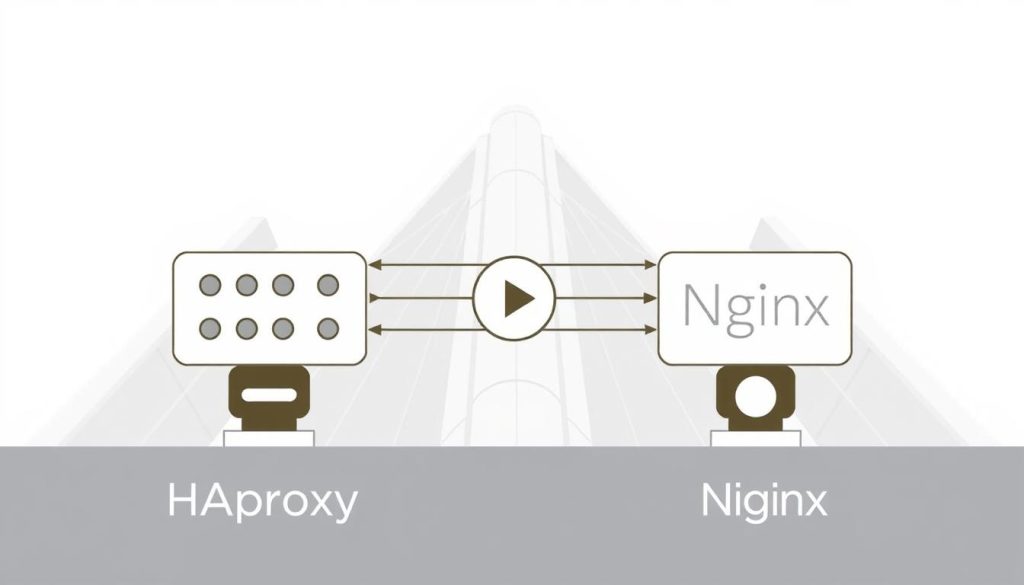 A technical illustration of the key aspects of HAProxy and Nginx for load balancing. A clean, professional style with a minimalist color palette. Crisp, high-contrast lines and shapes to convey the core concepts. A neutral, understated background allows the key elements to stand out. Subtle architectural patterns or geometric forms in the background to suggest the technical nature of the subject. The overall composition should be balanced and visually compelling, guiding the viewer's eye to the most important details.