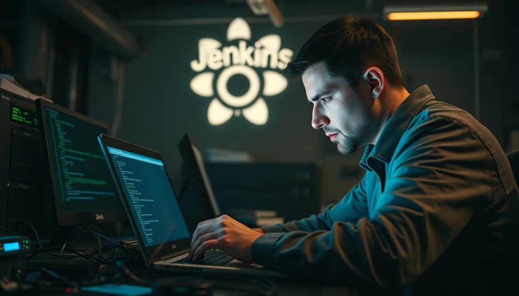 A technician diligently working on a laptop, intently studying error logs and configuration files to troubleshoot a Jenkins build failure. The scene is set in a dimly lit, industrial-style office, with a large Jenkins logo visible in the background, casting a soft glow. The technician's face is illuminated by the laptop screen, their brow furrowed in concentration. Cables and hardware peripherals clutter the desk, reflecting the complexity of the Jenkins system. The atmosphere conveys a sense of problem-solving, with the technician's posture and expression suggesting a determined effort to uncover the root cause of the build issue.