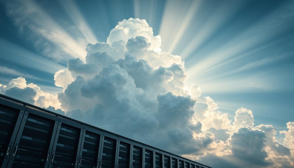 A towering cloud formation in the sky, representing the expansive and scalable nature of cloud infrastructure. In the foreground, a sleek, modern data center with racks of servers and gleaming equipment, conveying the power and reliability of a robust cloud computing platform. The lighting is dramatic, with rays of light streaming through the clouds, highlighting the importance and necessity of a robust cloud-based architecture. The overall mood is one of technological advancement, efficiency, and the sheer scale and capabilities of a comprehensive cloud infrastructure.