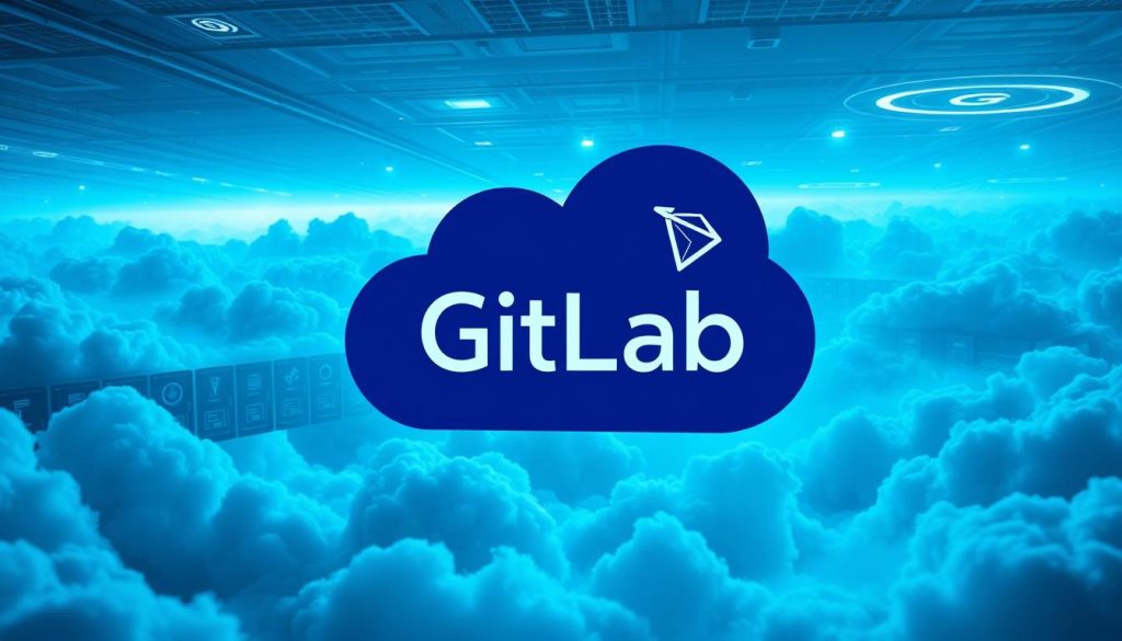 A vast, cloud-based landscape with a sleek, modern GitLab logo prominently displayed in the foreground. The background features a network of servers, data centers, and interconnected nodes, hinting at the scalable infrastructure powering the GitLab as a Service offering. The scene is bathed in a cool, blue-tinted light, creating a sense of technological sophistication and efficiency. Subtle details like holographic interfaces, floating icons, and dynamic data visualizations add depth and complexity to the image, conveying the advanced capabilities of this cloud-hosted GitLab solution. The overall composition and lighting evoke a sense of seamless integration, reliability, and the future of software development and infrastructure management.
