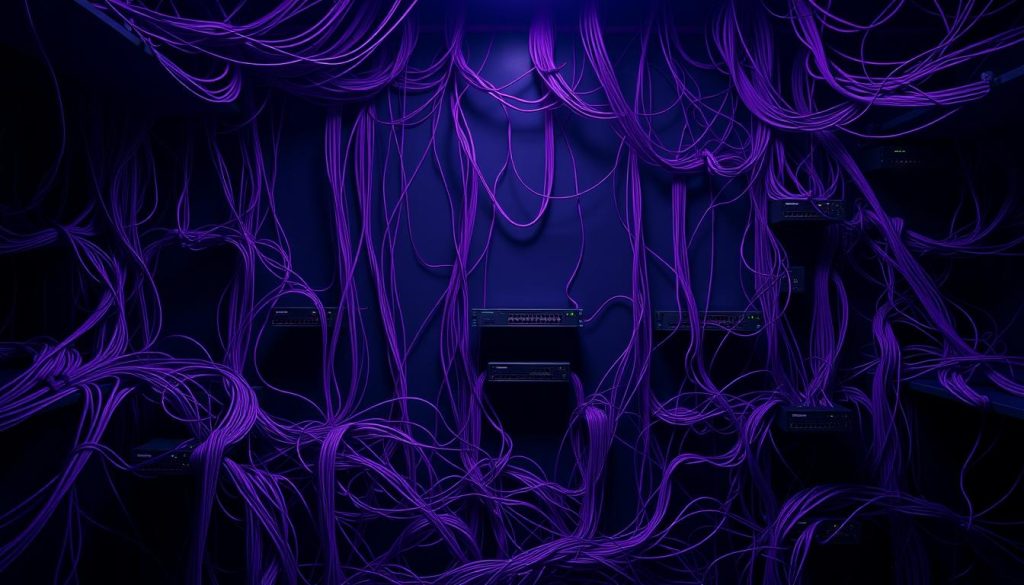 A vast, interconnected network infrastructure, meticulously laid out in a sophisticated, semi-abstract composition. Intricate data cables and routers in shades of royal purple (#7955a3) weave through a dark, moody backdrop, creating a sense of technical complexity and interconnectivity. Subtle lighting from above casts dramatic shadows, emphasizing the depth and dimensionality of the scene. The overall atmosphere conveys a sense of the critical importance and delicate balance of network considerations during a crucial rollback operation.