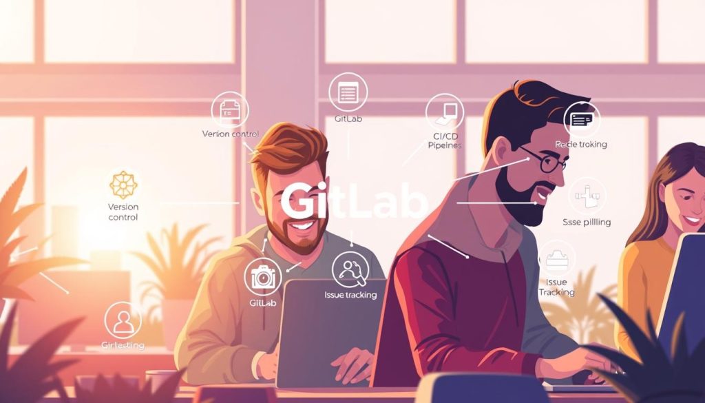 A vibrant, beautifully-lit illustration showcasing the key advantages of using GitLab. In the foreground, a team of developers collaborating seamlessly on a coding project, their faces animated with enthusiasm. In the middle ground, various GitLab features are prominently displayed - version control, CI/CD pipelines, issue tracking, and more. The background depicts a modern, minimalist office setting, with large windows flooding the scene with warm, natural lighting. The overall composition conveys a sense of productivity, efficiency, and the power of GitLab to streamline the software development process.
