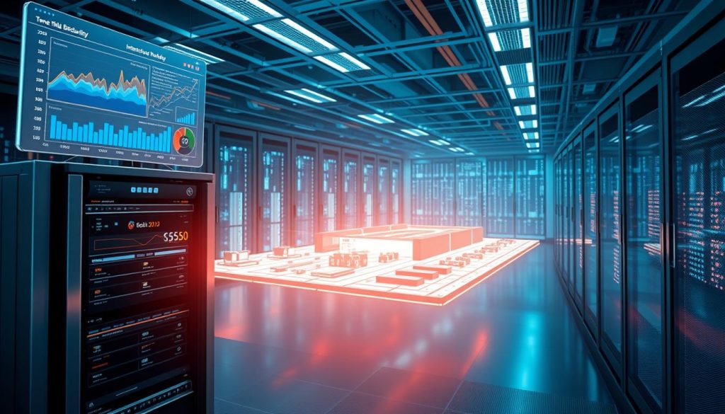 A vibrant, cinematic illustration of cloud infrastructure management. In the foreground, a futuristic dashboard displays real-time metrics and analytics, hovering above a sleek, metallic server rack. The middle ground features a sprawling, holographic 3D model of a scalable, distributed architecture, with modular components seamlessly interconnecting. In the background, a panoramic view of a gleaming, high-tech data center, bathed in cool, diffused lighting, conveys a sense of power, efficiency, and seamless integration. The overall mood is one of precision, control, and the effortless management of complex, dynamic cloud resources.