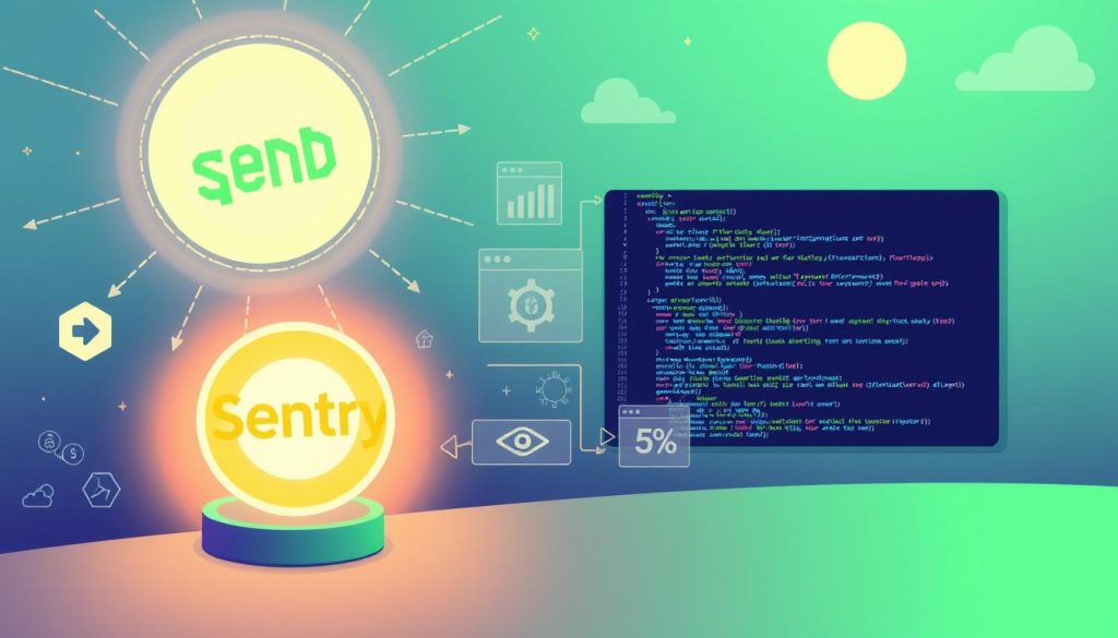 A vibrant, detailed illustration showcasing the benefits of Sentry for Node.js developers. The foreground features a glowing Sentry logo, surrounded by a halo of light, symbolizing its power and reliability. In the middle ground, various icons and infographics highlight Sentry's key capabilities, such as error tracking, performance monitoring, and real-time alerting. The background depicts a sleek, modern development environment, with lines of code, debug windows, and a serene, contemplative atmosphere, suggesting Sentry's seamless integration into the development workflow. The overall composition conveys a sense of professionalism, efficiency, and the peace of mind that Sentry brings to Node.js projects.