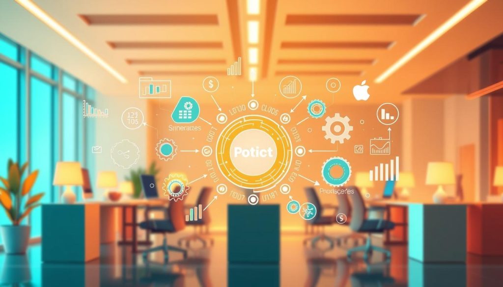A vibrant, dynamic illustration depicting the key advantages of using workflow automation in a business setting. In the foreground, a central metaphorical graphic showcases the core benefits - increased efficiency, streamlined processes, and enhanced productivity. The middle ground features abstract visual representations of these workflow advantages, such as gears, cogs, and data visualizations. The background depicts a professional office environment, with a minimalist, modern aesthetic and warm, ambient lighting to convey a sense of professionalism and progression. The overall composition should strike a balance between conceptual and practical elements, creating an informative and visually appealing image to support the article's content.
