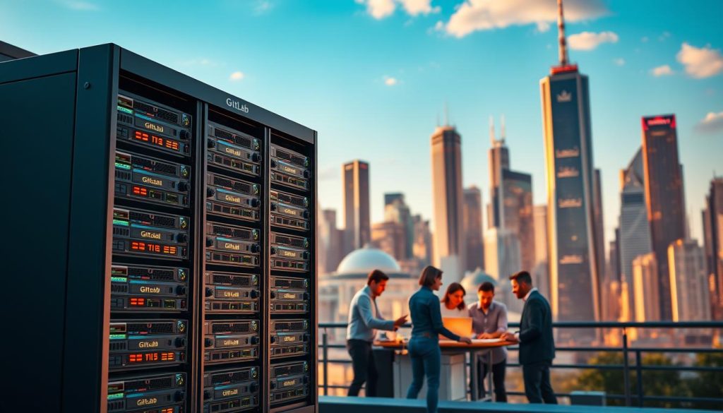A vibrant, high-resolution image showcasing the benefits of self-hosting with GitLab. In the foreground, a sleek, modern server rack housing multiple GitLab instances, symbolizing the power and scalability of self-hosting. In the middle ground, a team of developers collaborating on projects, their faces lit by the glow of GitLab's intuitive interface. In the background, a cityscape of towering skyscrapers, representing the enterprise-level capabilities of self-hosted GitLab. The scene is bathed in a warm, natural lighting, conveying a sense of productivity and success. The overall mood is one of efficiency, control, and pride in owning the software infrastructure.
