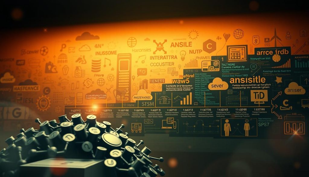 A vibrant history unfolds in a dynamic composition, showcasing the evolution of Ansible. In the foreground, a cluster of server icons symbolizes the tool's foundational infrastructure automation capabilities. Transitioning to the middle ground, a timeline of Ansible's milestones emerges, tracing its growth from a simple configuration management tool to a comprehensive IT automation platform. The background features a collage of technology symbols, code snippets, and cloud infrastructure, reflecting Ansible's versatility across diverse computing environments. The scene is illuminated by warm, muted lighting, creating a sense of depth and emphasizing the tool's maturity and reliability. Subtle lens flares and a slightly hazy atmosphere convey a sense of progress and innovation, mirroring Ansible's ongoing evolution and widespread adoption in the DevOps landscape.