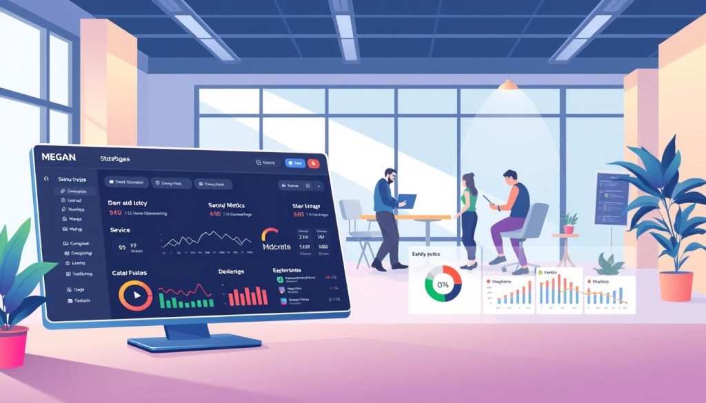 A vibrant, visually engaging illustration depicting Megan's services in building a status page. The foreground features a sleek, modern status dashboard with real-time performance metrics, toggles for various service components, and a prominent "All Systems Operational" indicator. In the middle ground, a team of developers collaborates, utilizing Megan's intuitive interface and seamless integration tools to customize the status page. The background showcases a clean, minimalist office setting with large windows, allowing natural lighting to illuminate the scene. The overall mood conveys a sense of professionalism, efficiency, and technological prowess, reflecting Megan's capabilities in crafting impactful status page solutions.