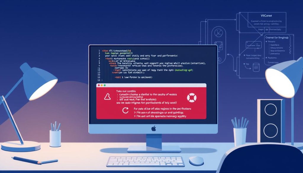 A visually striking and informative illustration depicting the reasons for extensions not loading in Visual Studio Code. Showcasing a clean, well-lit desk workspace with a prominent VSCode window in the foreground, displaying error messages or warnings related to extension loading issues. In the middle ground, a series of abstract shapes or icons representing various potential causes, such as file path conflicts, permission problems, or dependency conflicts. The background should convey a sense of technical complexity, with subtle, semi-transparent wireframe diagrams or code snippets hinting at the underlying software architecture. The overall mood should be one of thoughtful analysis and problem-solving, guiding the viewer towards understanding the root causes of the extension loading problem.