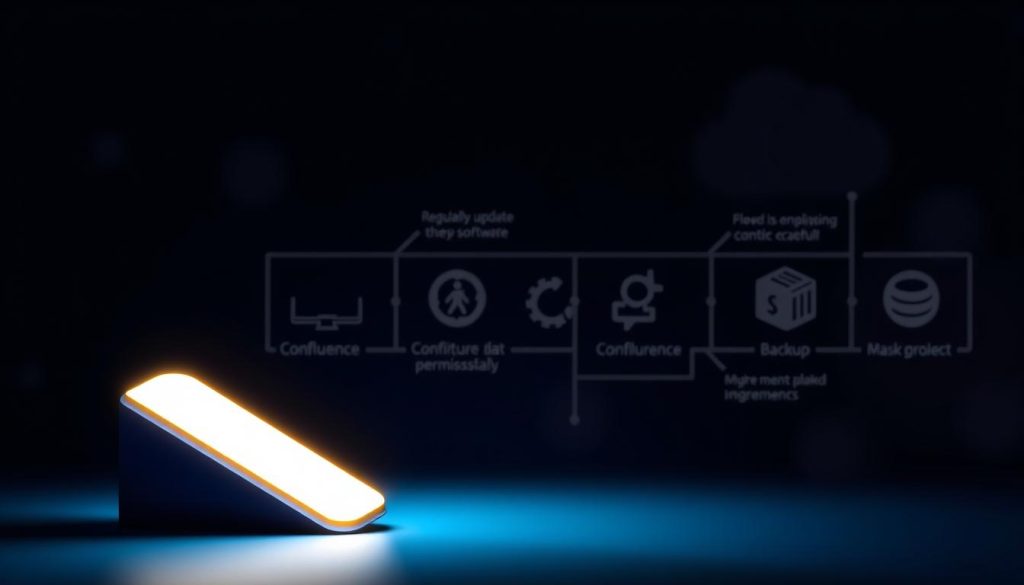 A visually striking digital illustration depicting the key steps for preventing Confluence issues. In the foreground, a sleek, minimalist Confluence logo glows against a dark background, symbolizing the importance of maintaining a robust and reliable collaboration platform. In the middle ground, a series of detailed infographic elements illustrate practical tips, such as regularly updating the software, configuring permissions carefully, and implementing backup strategies. The background features a subtle, hazy gradient, creating a sense of depth and emphasizing the technical nature of the subject matter. The overall composition conveys a balance of professionalism and visual appeal, making it an effective visual aid for the article on resolving Confluence problems.
