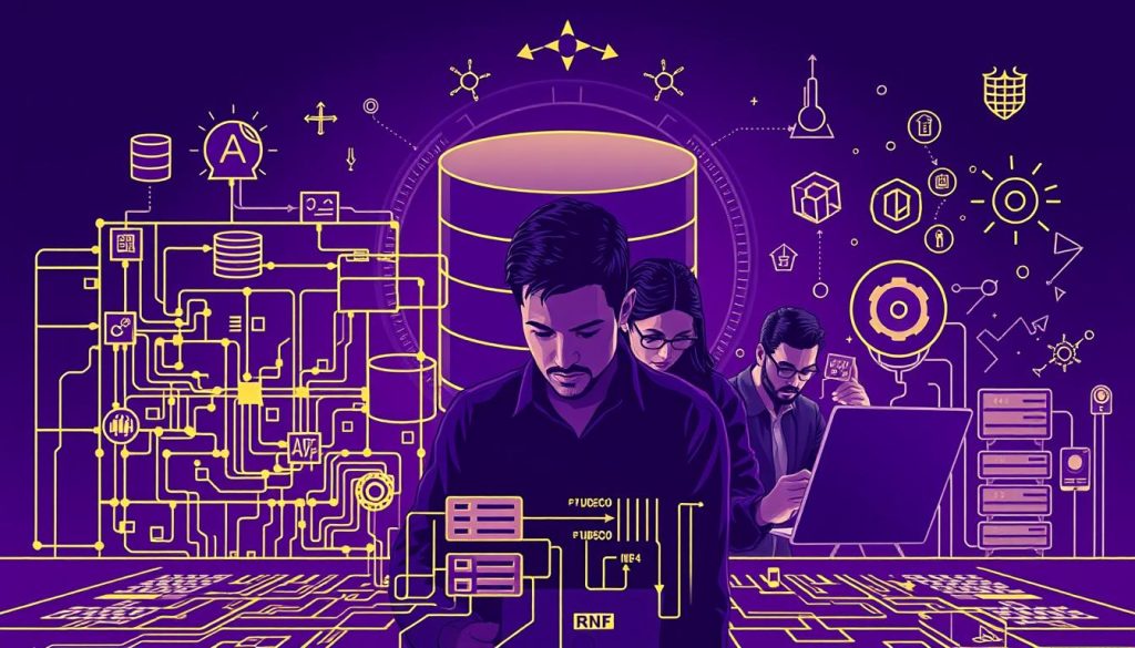 A visually striking illustration of database troubleshooting, set against a regal backdrop of deep royal purple (#7955a3). The foreground features a detailed schematic of a database architecture, with intricate connections and data flows meticulously rendered. In the middle ground, a team of data engineers, their faces reflecting deep concentration, work diligently to identify and resolve the underlying issues. The background subtly hints at the broader technological landscape, with subtle glyphs and icons hinting at the broader systems and infrastructure at play. The overall mood is one of analytical precision and problem-solving, with a touch of technical elegance befitting the high-stakes nature of database maintenance.