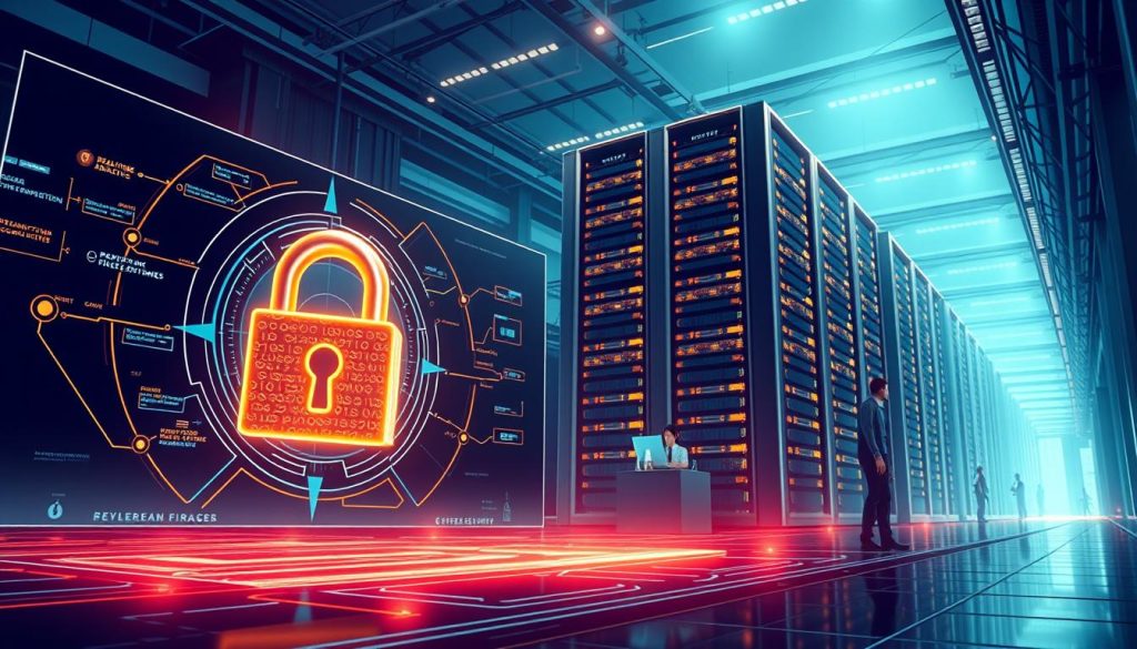 A well-lit and meticulously detailed illustration showcasing the robust security features of GitLab and GitHub. In the foreground, an intricate padlock symbolizes the encrypted data transmission and storage, surrounded by a sleek, futuristic interface. The middle ground depicts a team of cybersecurity experts monitoring real-time analytics and threat detection, ensuring the protection of sensitive information. In the background, a towering data center stands as a testament to the reliable infrastructure, with advanced firewalls and access controls visible. The overall atmosphere conveys a sense of confidence and trust, highlighting the platforms' commitment to safeguarding digital assets.