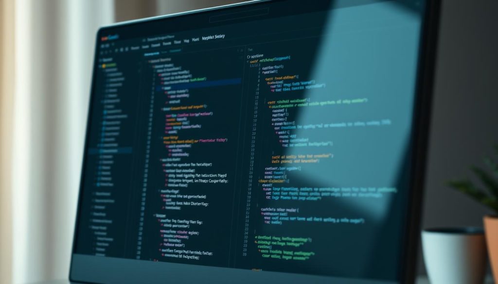 A well-lit, close-up view of a modern computer interface showcasing the Visual Studio Code (VSCode) user experience. The foreground features the VSCode window with its sleek, minimalist design, highlighting the editor pane, sidebar, and top menu bar. The middle ground includes various coding elements such as syntax-highlighted text, code snippets, and debugging tools. The background subtly suggests a serene, productive work environment, with muted colors and gentle lighting to set a calm, focused atmosphere. The overall composition conveys the intuitive and efficient nature of the VSCode interface, suitable for a section on "User Experience and User Interface" in an article about running VSCode in a web browser.