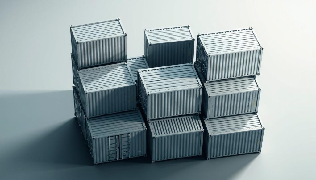 A well-lit, high-angle shot of a group of sleek, modular containers stacked neatly in a strategic arrangement, conveying the efficient, scalable nature of containerized infrastructure. The containers are rendered in a range of muted, neutral tones that complement the minimalist, industrial aesthetic. Subtle shadows and highlights accentuate the clean lines and geometric forms, creating a sense of depth and dimensionality. The background is a softly blurred, neutral space, allowing the containers to be the focal point and emphasizing their importance in the decision-making process.
