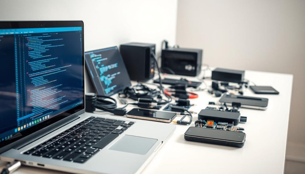 A well-lit, high-fidelity close-up image of various Telegram bot development tools arranged neatly on a clean, minimalist desk. In the foreground, a powerful laptop displays a code editor, with an array of mobile devices positioned alongside. In the middle ground, a selection of cables, adapters, and hardware modules hint at the technical complexity involved. The background is subtly blurred, drawing the viewer's attention to the central tools. The overall composition conveys a sense of professionalism and efficiency, reflecting the subject's utility and importance in the Telegram bot development workflow.