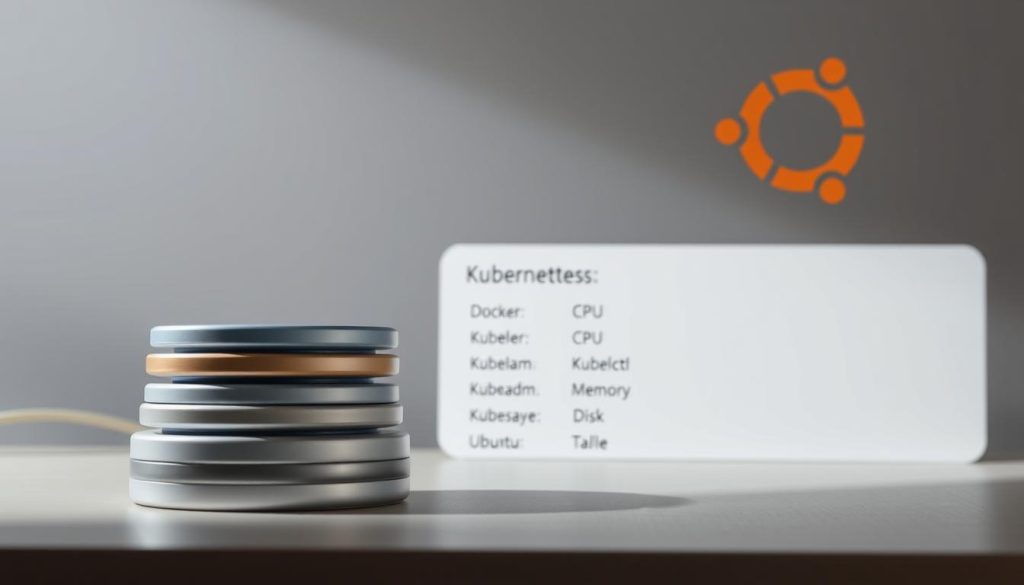A well-lit, high-resolution image depicting the prerequisites for installing Kubernetes on an Ubuntu system. The foreground shows a neatly organized stack of essential software components, including Docker, Kubelet, Kubeadm, and Kubectl, displayed against a clean, minimalist background. The middle ground features system requirements such as CPU, memory, and disk space, conveying the technical specifications needed to run Kubernetes. The background showcases the Ubuntu logo and a subtle grid pattern, emphasizing the operating system context. The overall atmosphere is professional, informative, and visually appealing, suitable for use in a step-by-step Kubernetes installation tutorial.