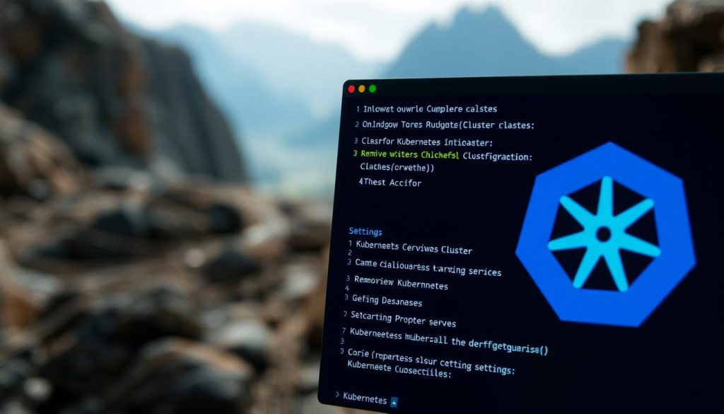 A well-lit, high-resolution image depicting the process of clearing Kubeadm configurations. In the foreground, a terminal window shows various commands being executed to remove previous Kubernetes cluster settings. The middle ground features a Kubernetes logo, hinting at the context. In the background, a blurred, abstract technological landscape sets the scene. The overall mood is one of troubleshooting and resolution, conveying the steps necessary to resolve issues with the Kubeadm initialization process.