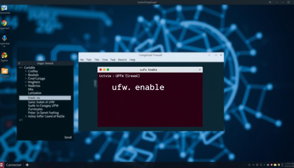 A well-lit, high-resolution image showcasing the activation of UFW (Uncomplicated Firewall) on a Linux desktop. The foreground depicts a terminal window with the "ufw enable" command prominently displayed, indicating the process of enabling the firewall. The middle ground features various system icons and a desktop environment that suggests a professional, technology-focused setting. The background subtly depicts a network diagram or abstract cybersecurity elements, conveying the importance of firewall configuration in a Linux environment. The overall composition should convey a sense of functionality, professionalism, and the steps involved in activating UFW.