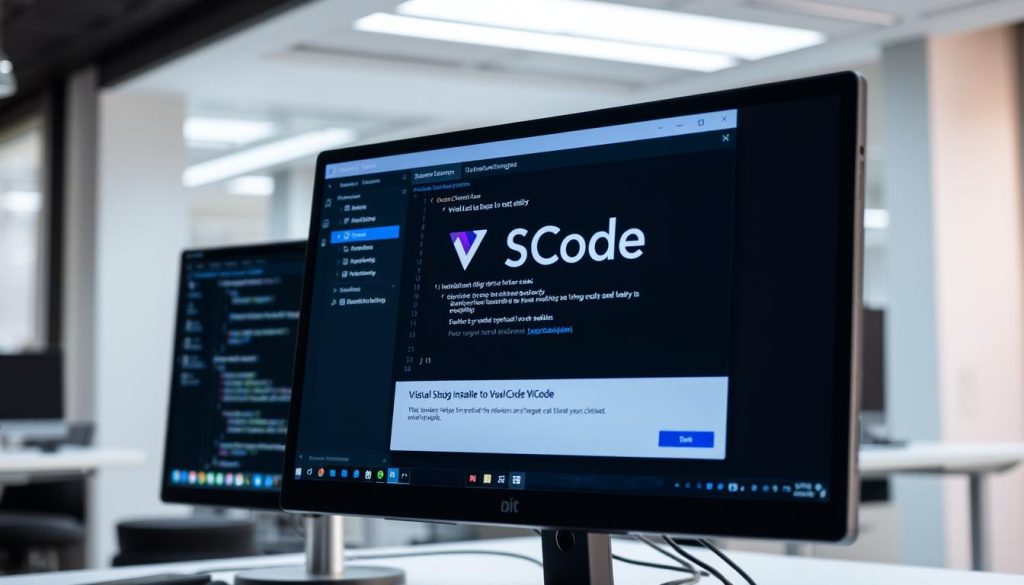 A well-lit, high-resolution scene depicting the installation of the popular Visual Studio Code (VSCode) text editor on a computer screen. The foreground shows the VSCode installation wizard window, with clear, detailed icons and labels. The middle ground features the computer desktop, with a modern, minimalist design and a few relevant application icons. The background showcases a clean, professional office setting, with subtle lighting and a sense of depth. The overall atmosphere conveys a sense of focus, productivity, and attention to detail, reflecting the technical nature of the subject matter.