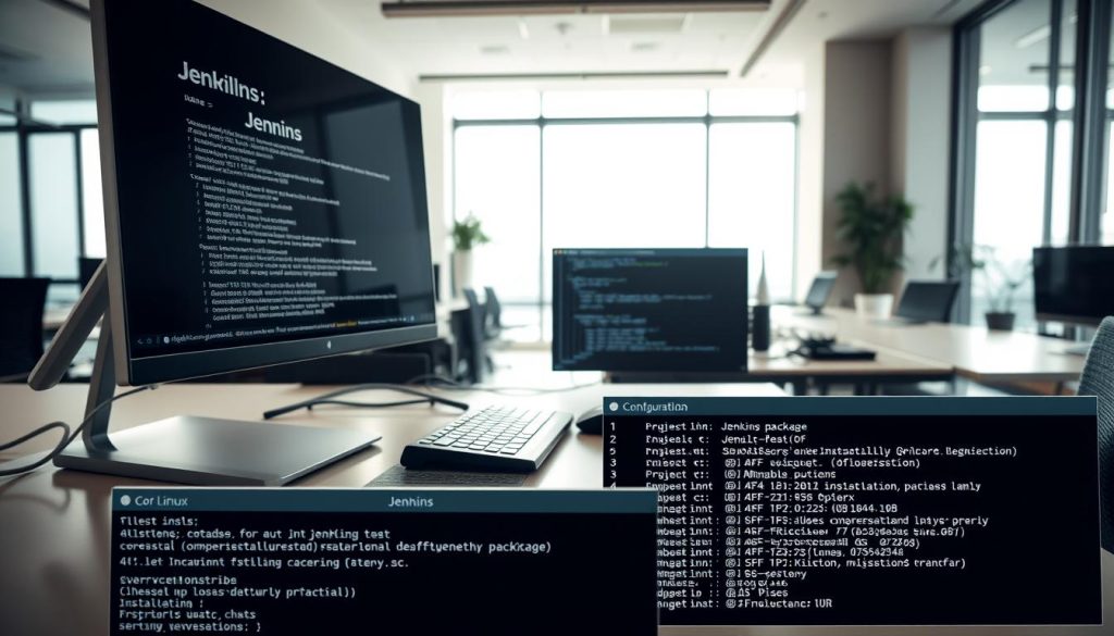 A well-lit, meticulously detailed scene of a Linux workstation being prepared for the installation of Jenkins. The desk is clean and organized, with a modern monitor, keyboard, and mouse. In the foreground, various Linux configuration files and terminal windows are open, displaying commands and settings required for the Jenkins setup. The middle ground showcases a terminal window with the Jenkins installation package visible, ready to be executed. The background features a sleek, minimalist office environment, with large windows allowing natural light to fill the space, creating a sense of productivity and focus. The overall atmosphere is one of professional expertise, attention to detail, and a smooth, efficient Jenkins deployment process.