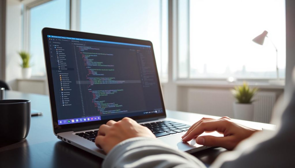 A well-lit, modern office workspace featuring a MacBook Pro with an open Visual Studio Code (VSCode) window on the screen. The developer's hands are seen typing code on the keyboard, with the VSCode interface prominently displayed. The background shows a clean, minimalist design with a large window providing natural lighting and a view of a cityscape outside. The overall atmosphere conveys a sense of productivity, focus, and the seamless integration of online coding with the professional VSCode environment.