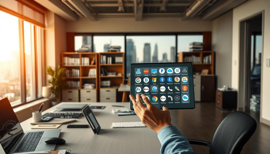 A well-lit office interior with a large window overlooking a cityscape. In the foreground, a desk with a laptop, phone, and various office supplies. On the desk, a transparent tablet displaying a grid of cloud storage service icons and logos. The tablet is the central focus, with the user's hands interacting with the interface. The middle ground features bookshelves, filing cabinets, and other office furnishings, conveying a professional, organized atmosphere. The background depicts the urban skyline outside the window, adding depth and context to the scene. The lighting is warm and natural, creating a contemplative, analytical mood as the user considers their cloud storage options.