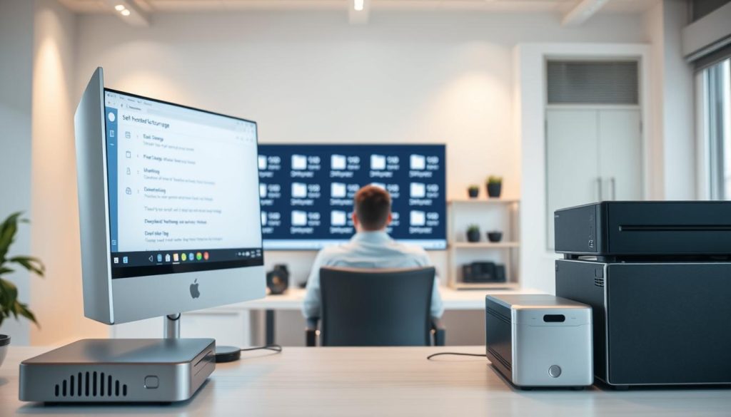 A well-lit office setting, with a sleek desktop computer and a variety of storage devices in the foreground. In the middle ground, a person sits at the desk, contemplating the selection of self-hosted storage options displayed on a large monitor. The background features a minimalist, modern interior design with neutral tones and clean lines, conveying a sense of professionalism and focus. The lighting is bright and diffuse, creating a warm, productive atmosphere. The scene captures the thoughtful process of choosing the right self-hosted storage solution for one's needs.