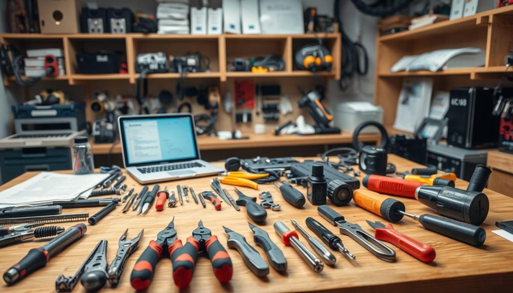 A well-lit workshop setting, with an assortment of tools and equipment neatly arranged on a sturdy wooden workbench. In the foreground, an array of screwdrivers, pliers, and other installation tools are meticulously positioned, suggesting a methodical approach to the installation process. In the middle ground, a laptop computer, cable organizers, and installation manuals create a organized workspace, hinting at the technical nature of the Jira setup. The background features shelves stocked with spare parts and technical components, conveying a sense of preparedness and attention to detail. The overall scene exudes a professional, problem-solving atmosphere, setting the stage for a successful Jira installation.