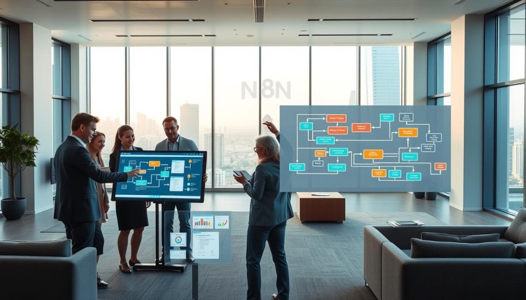 A wide, well-lit open-plan office space, with sleek, modern furnishings and large windows overlooking a cityscape. In the foreground, a team of professionals collaborating around a large touchscreen display, their faces animated as they discuss workflow automation using the N8N platform. The middle ground features a series of colorful, intuitive N8N workflow diagrams projected on the walls, highlighting the platform's visual programming capabilities and ease of use. In the background, a large N8N logo casts a soft, ambient glow, symbolizing the platform's centrality to the organization's operations. The overall scene conveys the efficiency, productivity, and collaborative nature of N8N's integration and automation features.