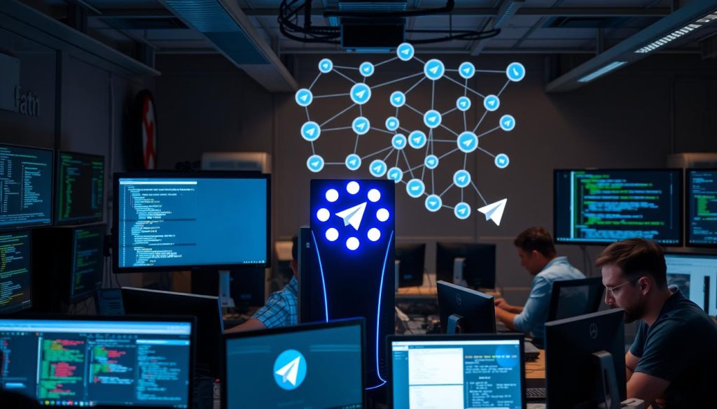 A workspace filled with monitors, servers, and development tools. Jenkins, the automation server, stands prominently in the center, its blue and white logo glowing. Surrounding it, a team of developers diligently code, analyze data, and configure settings, their faces illuminated by the soft, ambient lighting. In the background, a network diagram illustrates the integration of Jenkins with various messaging platforms, including Telegram. The overall scene conveys a sense of efficiency, collaboration, and the seamless integration of Jenkins as a service in the development of robust Telegram bots.