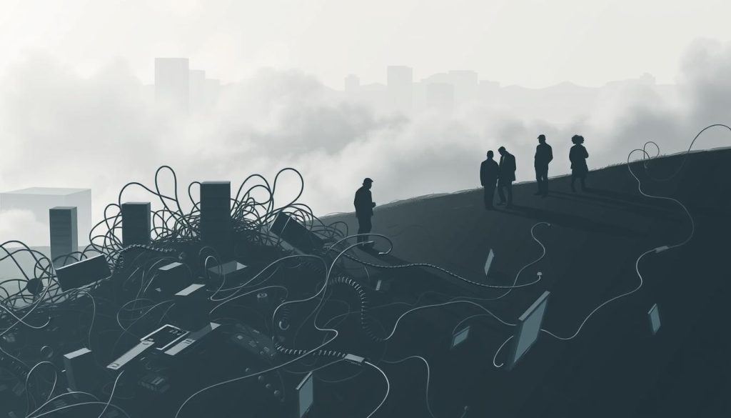 An abstract and conceptual illustration of the "Challenges of PaaS" showing a complex, multifaceted landscape. In the foreground, a tangled web of technological components - servers, cloud infrastructure, software stacks - representing the intricacies of PaaS implementation. In the middle ground, silhouettes of developers and IT professionals navigating this intricate landscape, faces obscured by uncertainty. The background is a hazy, monochromatic expanse, hinting at the ambiguity and unpredictability inherent in PaaS adoption. Dramatic lighting casts long shadows, creating a sense of depth and emphasizing the weight of the challenges. The overall mood is one of complexity, challenge, and the need for strategic vision to overcome the obstacles of PaaS deployment.