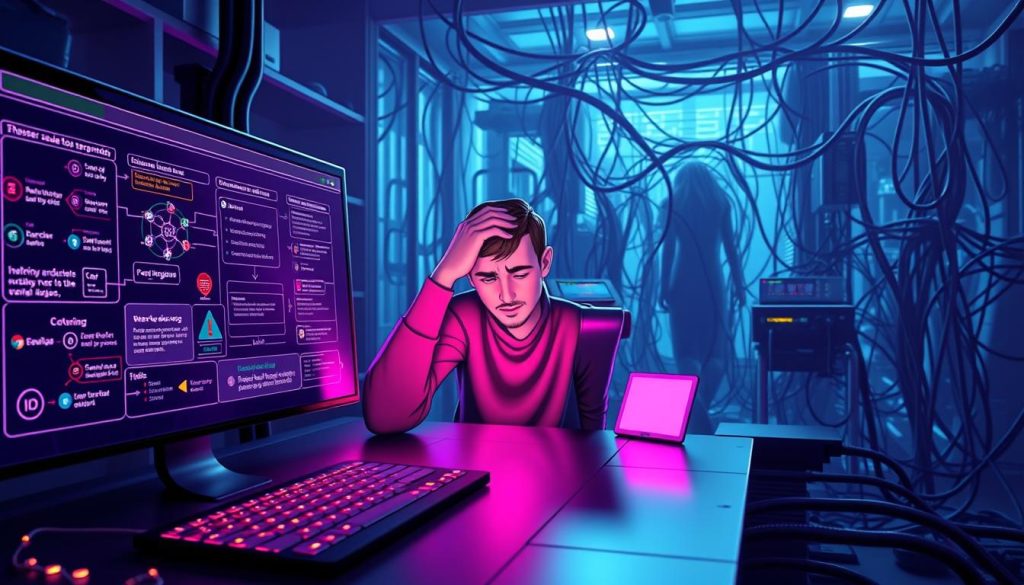 An elegant Royal Purple (#7955a3) 3D illustration showcasing common issues faced by n8n users. In the foreground, a sleek technological interface with glowing nodes and intricate workflow diagrams. In the middle ground, a frustrated developer scratching their head, surrounded by error messages and warning signs. In the background, a maze of interconnected cables and devices, hinting at the complex infrastructure of n8n. Dramatic lighting casts dramatic shadows, creating a sense of unease and challenge. The overall scene conveys the technical difficulties and problem-solving required when working with n8n workflows. An elegant Royal Purple (#7955a3) 3D illustration showcasing common issues faced by n8n users. In the foreground, a sleek technological interface with glowing nodes and intricate workflow diagrams. In the middle ground, a frustrated developer scratching their head, surrounded by error messages and warning signs. In the background, a maze of interconnected cables and devices, hinting at the complex infrastructure of n8n. Dramatic lighting casts dramatic shadows, creating a sense of unease and challenge. The overall scene conveys the technical difficulties and problem-solving required when working with n8n workflows.