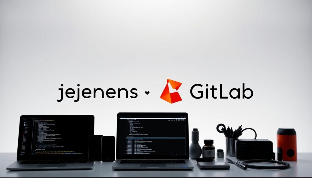 An image of the appropriate tools for Jenkins and GitLab, showcased against a well-lit, minimalist backdrop. The foreground features a neatly arranged set of essential DevOps tools, including a laptop, a mobile device, and various command-line interfaces. The middle ground displays the Jenkins and GitLab logos, presented in a sleek, high-contrast manner. The background subtly suggests a modern, technology-driven environment, with clean lines and a muted color palette. The overall composition conveys a sense of order, efficiency, and the importance of selecting the right tools for building a robust deployment pipeline in a PaaS environment.