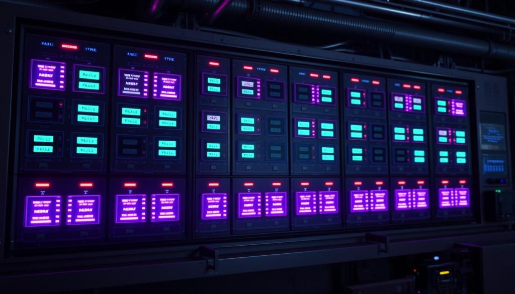 An industrial-style control panel with a grid of sleek, backlit readiness liveness probes in a royal purple (#7955a3) hue. The probes are arranged in a symmetrical, organized layout, conveying a sense of efficiency and automation. The panel is set against a dimly lit, high-tech environment, with subtle shadows and highlights that emphasize the probes' status indicators. The overall atmosphere is one of technological sophistication and vigilance, reflecting the need for robust monitoring and self-healing mechanisms in modern software deployments.