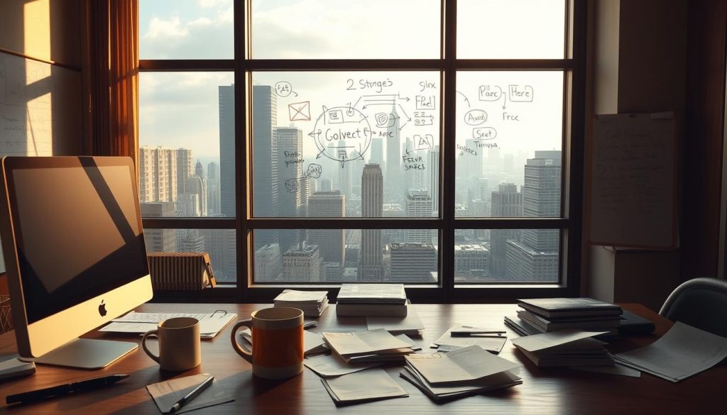 An interior office scene with a large window overlooking a cityscape. In the foreground, a desk with a computer, coffee mug, and scattered papers, representing the challenges of S3 storage management. The middle ground features a whiteboard with handwritten notes and diagrams, suggesting the problem-solving process. The background showcases the urban skyline, hinting at the wider context and scale of the challenges. Warm, natural lighting filters through the window, creating a contemplative atmosphere. The overall composition conveys the complexities and solutions involved in setting up an S3-compatible storage system.