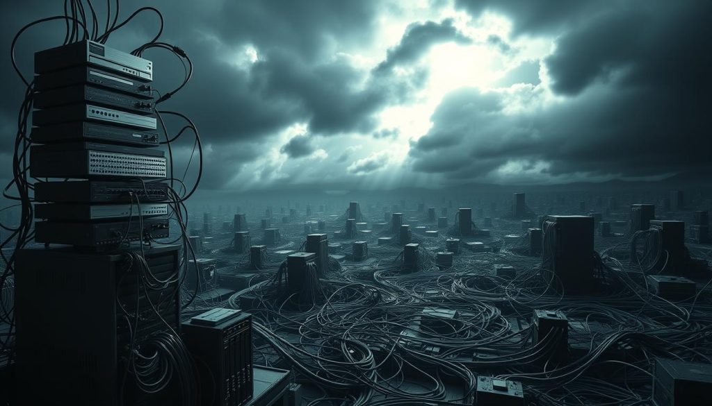 An intricate network of interconnected servers, platforms, and services, depicting the common challenges faced in the PaaS (Platform as a Service) ecosystem. In the foreground, a towering stack of cloud infrastructure elements, each representing a potential point of failure or complexity. In the middle ground, a labyrinth of tangled cables and wires, symbolizing the integration and compatibility issues that arise. In the background, a gloomy, ominous sky, casting a shadow of uncertainty over the entire landscape, reflecting the security and compliance concerns inherent in PaaS deployments. The scene is lit by a harsh, directional light, casting dramatic shadows and highlighting the technical intricacies involved. The overall atmosphere conveys the sense of a complex, daunting, and ever-evolving challenge that PaaS users must navigate.