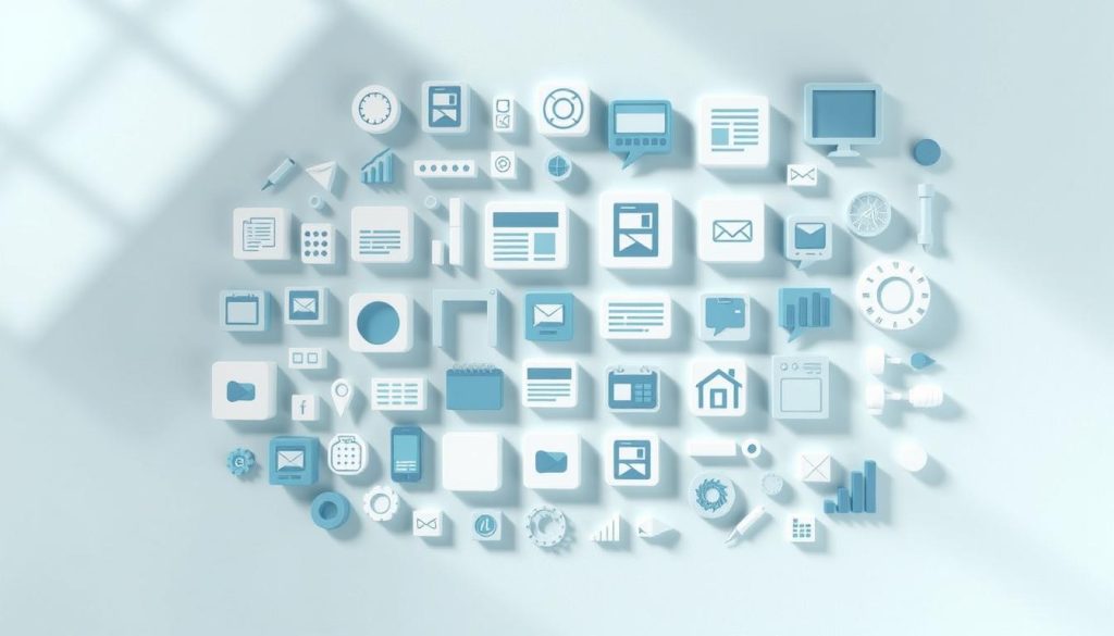 An overhead view of a diverse set of digital content types arranged in a visually appealing layout, including icons and symbols representing blog posts, articles, images, videos, infographics, and other web content. The layout has a clean, minimalist aesthetic with a neutral color palette of blues, grays, and whites, creating a sense of organization and structure. Soft directional lighting from the top left casts subtle shadows, adding depth and dimensionality to the composition. The arrangement of the content types suggests a methodical approach to content management and curation, reflecting the theme of "Determining Content Type".