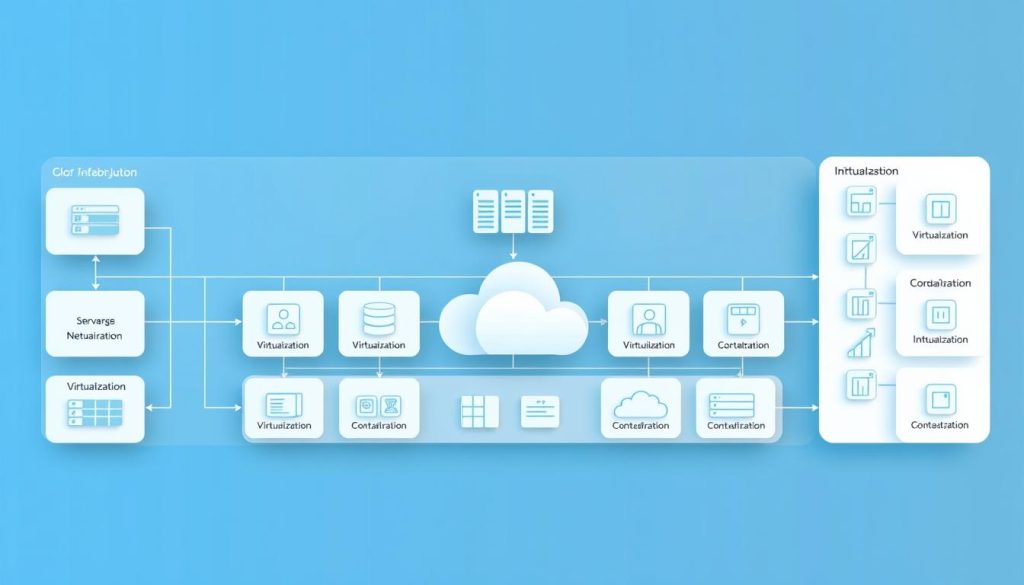 Detailed architectural diagram showcasing the step-by-step construction of a robust cloud infrastructure. Sleek, minimalist design with clean lines and a futuristic aesthetic. Prominent central elements depicting the core cloud components - servers, storage, networking - with supporting technologies like virtualization, containerization, and orchestration arranged in logical progression. Muted color palette of blues, grays, and whites conveys a sense of efficiency and professionalism. Carefully balanced composition guides the viewer's eye through the intricate workflow. Crisp, high-resolution rendering with subtle textures and lighting to enhance the technical, engineering-focused atmosphere. An informative, visually engaging illustration to elucidate the cloud infrastructure build process.
