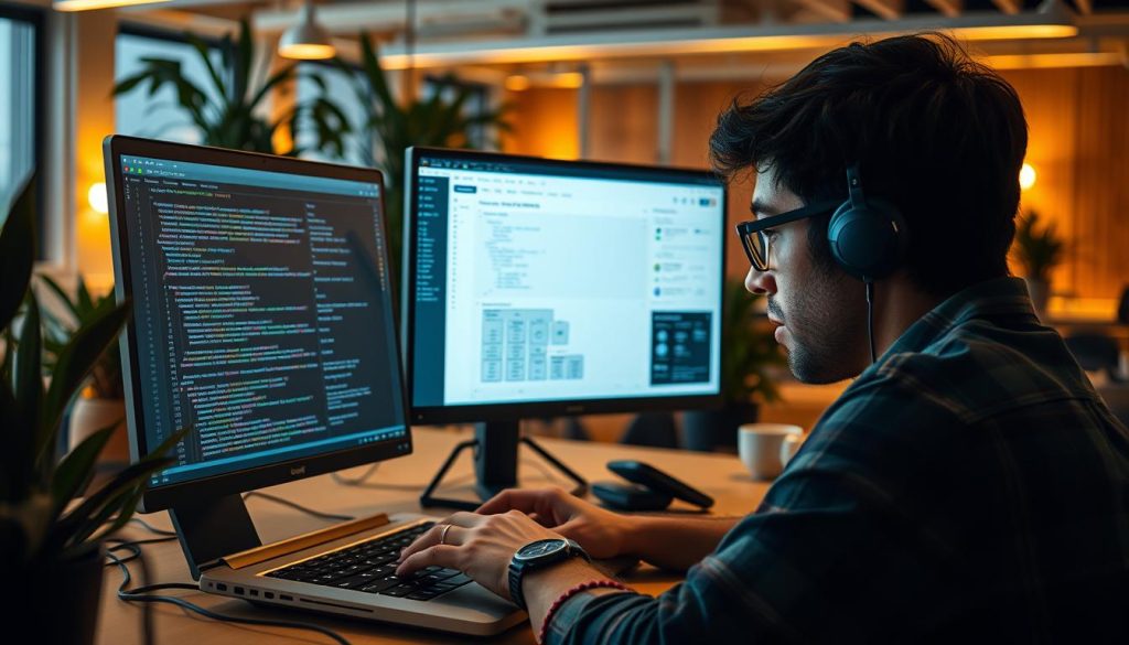Detailed image of a software developer troubleshooting issues in Sentry, a robust error monitoring platform for Node.js applications. In the foreground, a developer intently gazes at a laptop screen displaying Sentry's intuitive dashboard, analyzing error logs and debugging tools. The middle ground features an array of complex code snippets and architectural diagrams, hinting at the technical complexity being tackled. The background showcases a serene office environment, with plants and modern furnishings, creating a focused yet calming atmosphere conducive to problem-solving. Warm, directional lighting illuminates the scene, emphasizing the developer's concentration and the importance of their work. The overall composition conveys the challenge and importance of effective error management in Node.js applications using Sentry.