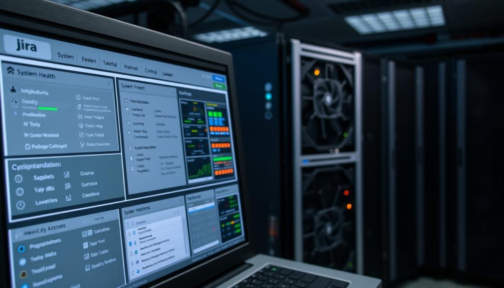 Detailed technical control panel of a Jira self-hosted server, showcasing system management and administration features. The foreground displays a dashboard with various configuration options, system health metrics, and user management tools. The middle ground depicts a server rack with blinking indicator lights, cooling fans, and cables. The background features a dimly lit server room with a sense of technical complexity and professionalism. The overall scene conveys the careful and meticulous maintenance required to keep a self-hosted Jira system running smoothly and securely.