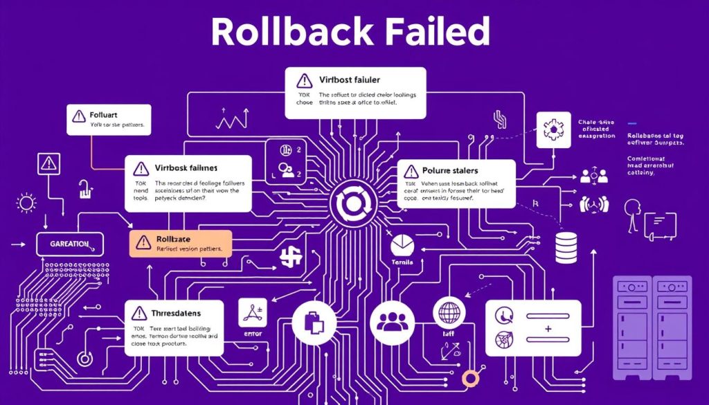 Detailed technical diagram showcasing common causes of "Rollback Failed" errors during software deployments. A complex, layered image set against a royal purple (#7955a3) background, depicting a range of potential failure scenarios through carefully rendered abstract shapes, symbols, and graphical elements. The foreground features distinctive data flow diagrams, error state notifications, and software version control icons. The middle ground includes intricate circuit board patterns and database schema visualizations. The background incorporates subtle glyphs, code snippets, and server rack silhouettes to convey the IT infrastructure context. The overall mood is one of thoughtful analysis and troubleshooting, guiding the viewer through the common pitfalls of failed rollback operations.